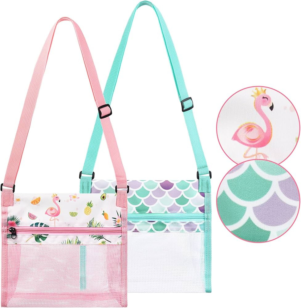 Seashell Beach Bags - 2 Packs 9.4” x 9.8” Shell Mesh Bags for Kids Girls Beach Toy Bags Sand ... | Amazon (US)