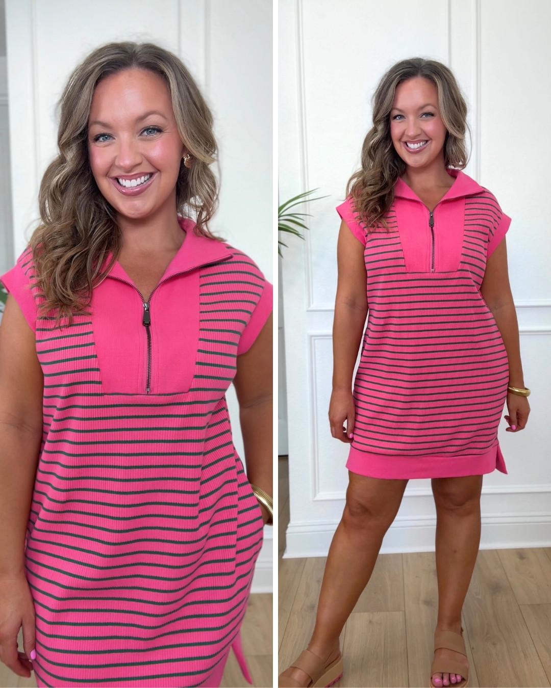 This pink and green striped mini dress is perfect for spring and summer! So comfortable and cute! I’m 5'5" and a size 8/10 wearing M. #amazonfashion #summerdress #pinkdress 

 #LTKSeasonal #LTKMidsize #LTKTravel