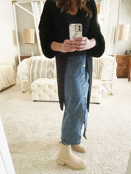 Fall Amazon Outfit with a long denim skirt, nude boots that are comfortable, and a slouchy sweater #falloutfit 

#LTKover40 #LTKfindsunder50 #LTKSeasonal