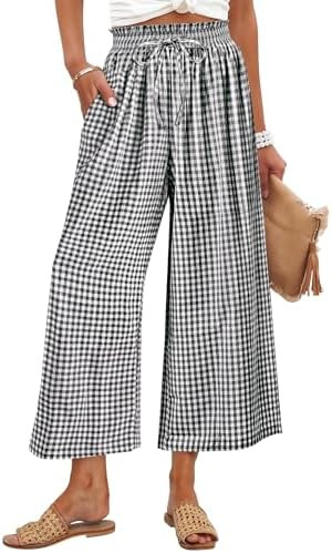 ANRABESS Womens Striped Gingham Palazzo Capri Pants Pajama Wide Leg Lounge Trousers Plaid Cute Cr... | Amazon (US)