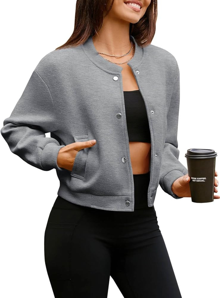 Tankaneo Womens Cropped Bomber Jacket Button Down Long Sleeve Winter Casual Varsity Pea Coats Out... | Amazon (US)