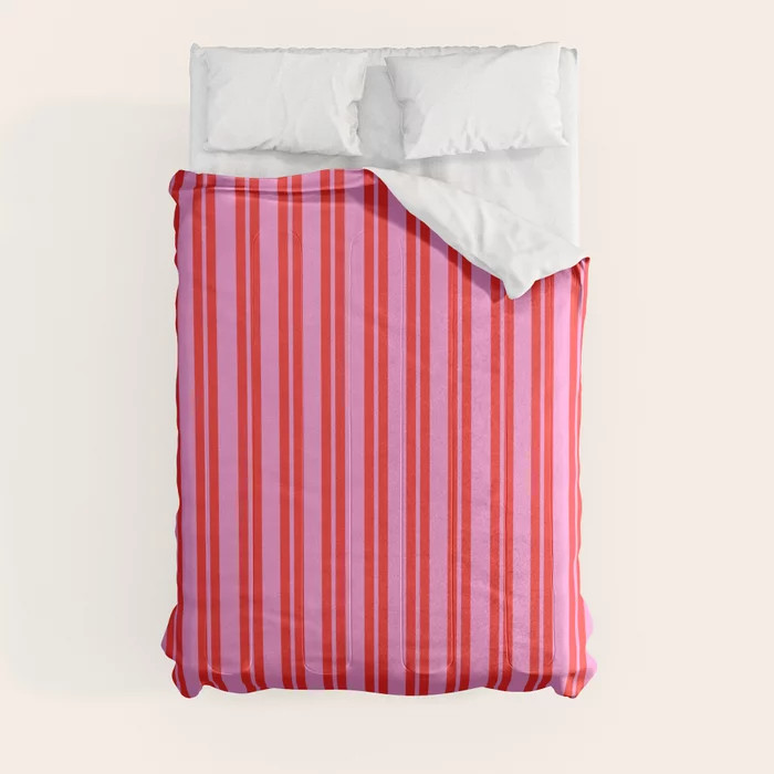Preppy Hot Pink and Red Classic Double Stripes Contemporary Vertical Stripe Pattern Comforter | Society6