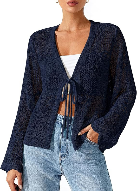 BTFBM Summer Cardigans for Women Lightweight 2026 Spring Crochet Mesh Long Sleeve Tie Front Knit ... | Amazon (US)