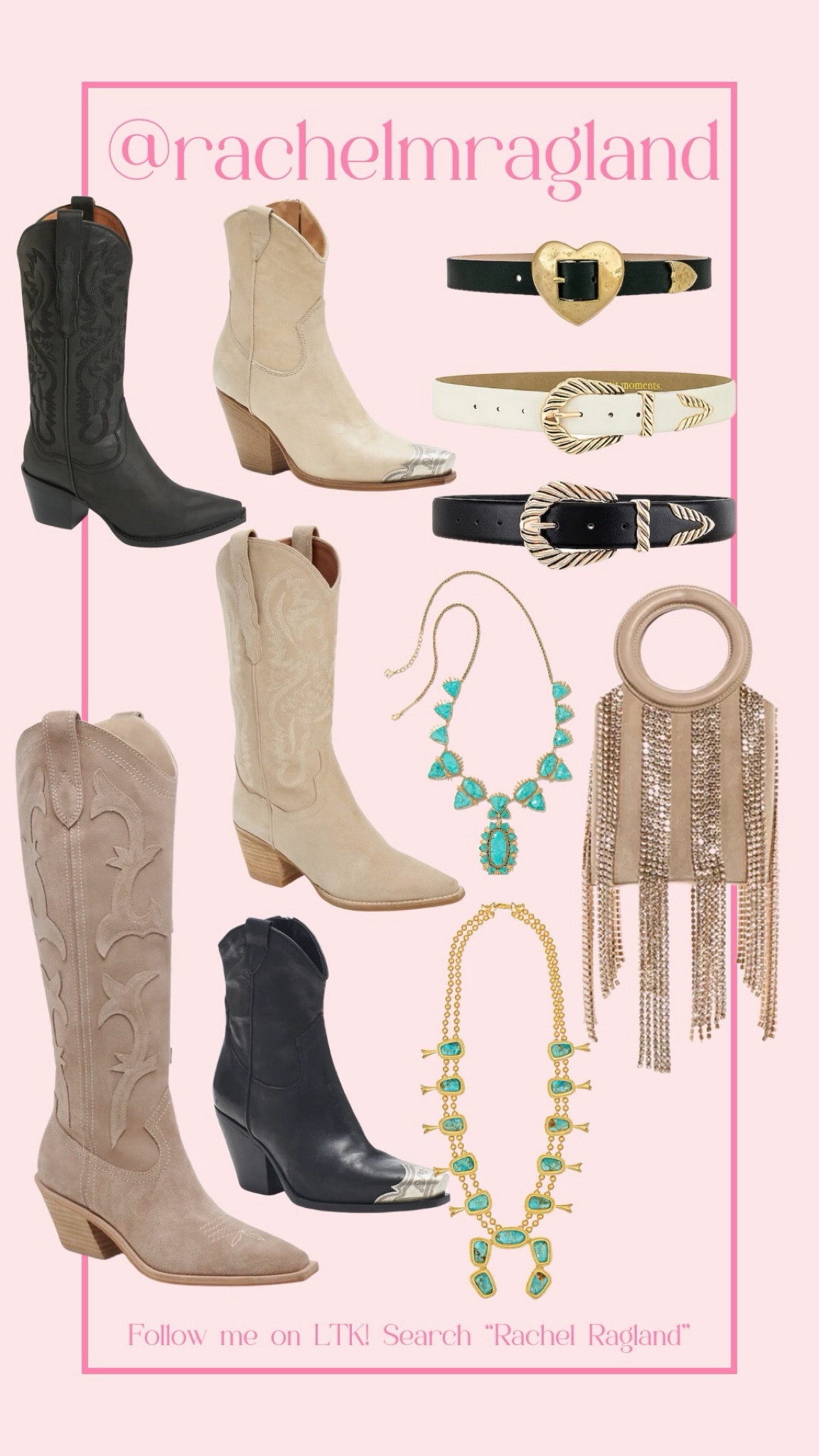 Western accessories. Belt. Boots. Fringe. Rodeo. Squash blossom. Turquoise jewelry. Cowboy boot  

#LTKshoecrush #LTKitbag #LTKstyletip