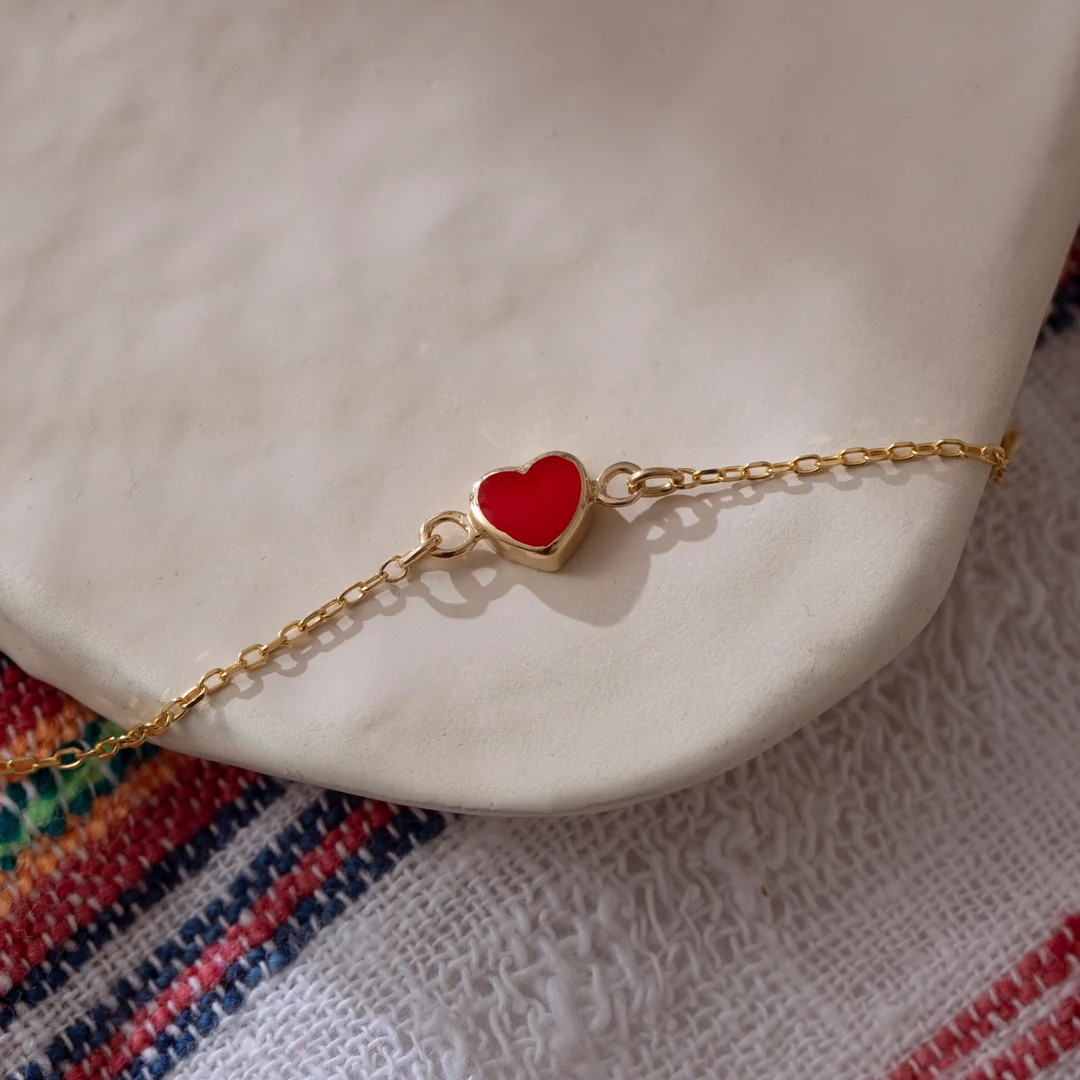 14k Solid Gold Red Heart Bracelet for Women Tiny Red Heart Love Heart Dainty Charm Bracelet Adjus... | Etsy (US)