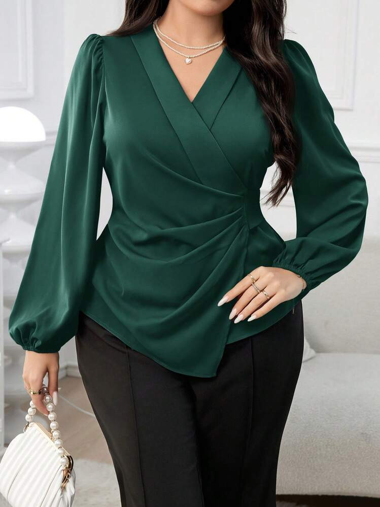 SHEIN Modely Plus Size Women Spring Summer Solid V-Neck Lantern Sleeve Asymmetric Ruched Elegant Office Shirt | SHEIN