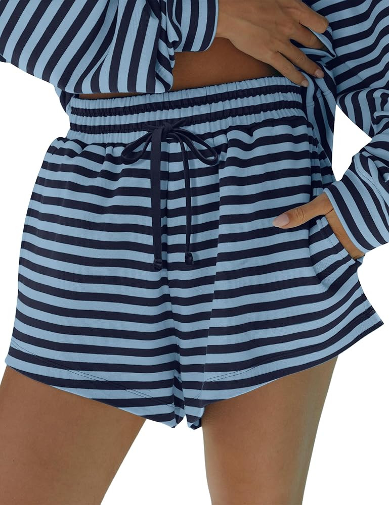 Women Low Rise Striped Drawstring Casual Loose Wide Leg Shorts with Pockets | Amazon (US)