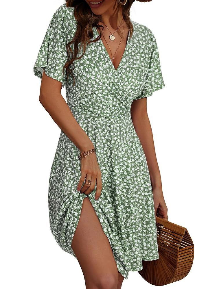 FENSACE Womens Sundress Summer Floral Short Sleeve Wrap V Neck A-Line Midi Dress | Amazon (US)