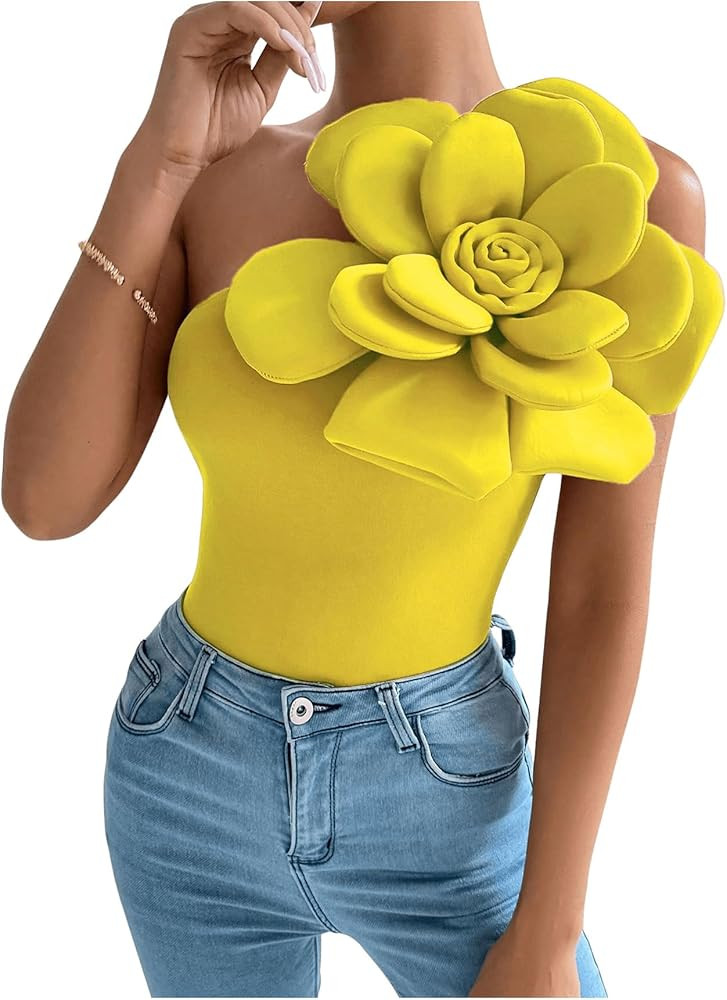 SHENHE Women's 3D Flower Top One Shoulder Sleeveless Slim Fit Elegant Rosette Top Blouse | Amazon (US)