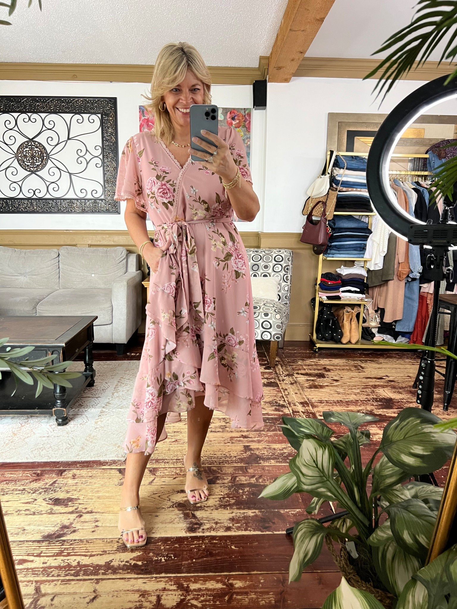 Beautiful ruffle asymmetrical hem floral dress with gorgeous lace details at bust and sleeve- size 12 

#LTKMidsize #LTKOver40 #LTKSeasonal