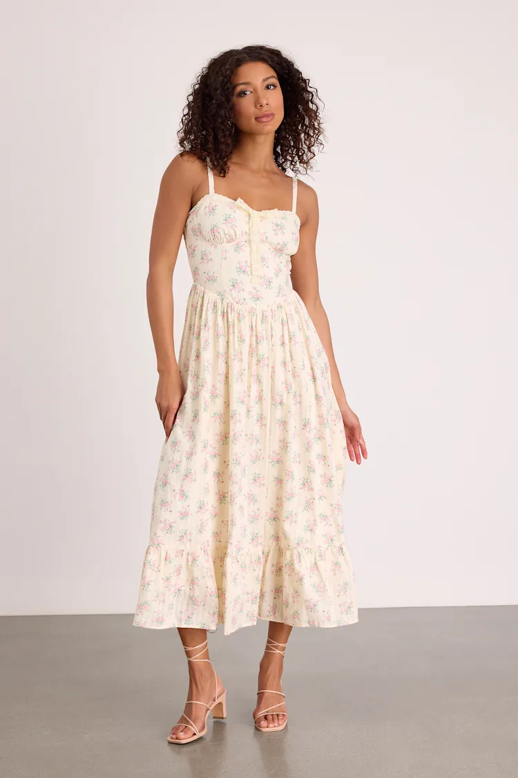 Odilie Pale Yellow Floral Lace Sleeveless Midi Dress | Lulus