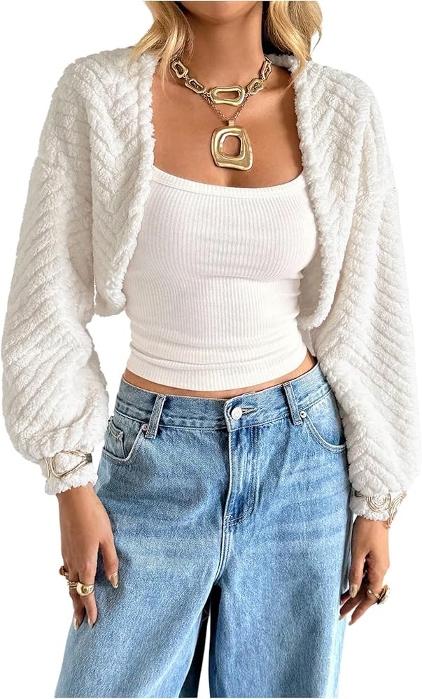Women's Fuzzy Shrug Cardigan Long Sleeve Drop Shoulder Sweater Open Front Loose Cropped Fall Card... | Amazon (US)