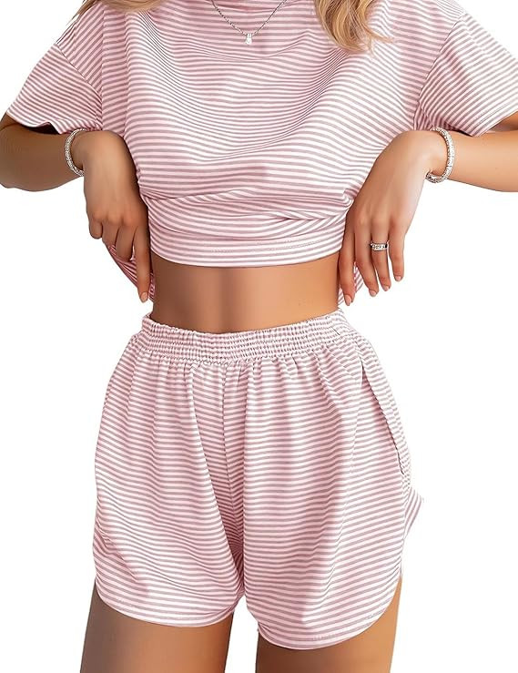 JUSTFASHIONNOW Womens Pajama Sets Shorts Striped Print Two Piece Lounge Sets Crew Neck Sleepwear ... | Amazon (US)