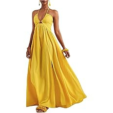SOLY HUX Women's Summer Halter Maxi Dress Sleeveless V Neck Split A Line Flowy Long Dresses Vacat... | Amazon (US)