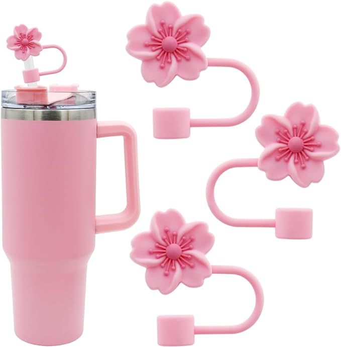 3pcs Cherry Blossom Silicone Straw Cover Cap for Stanley Cup,Straw Topper 10mm 0.4in Dust-Proof R... | Amazon (US)