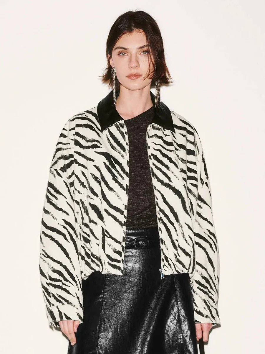 Zebra Print Collar Oversized Cotton Denim Bomber Jacket | Urban Revivo