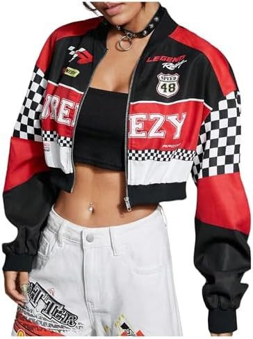 GORGLITTER Women's F1 Racer Jacket Cropped Varsity Jacket Zip Up Color Block Letter Graphic Motor... | Amazon (US)