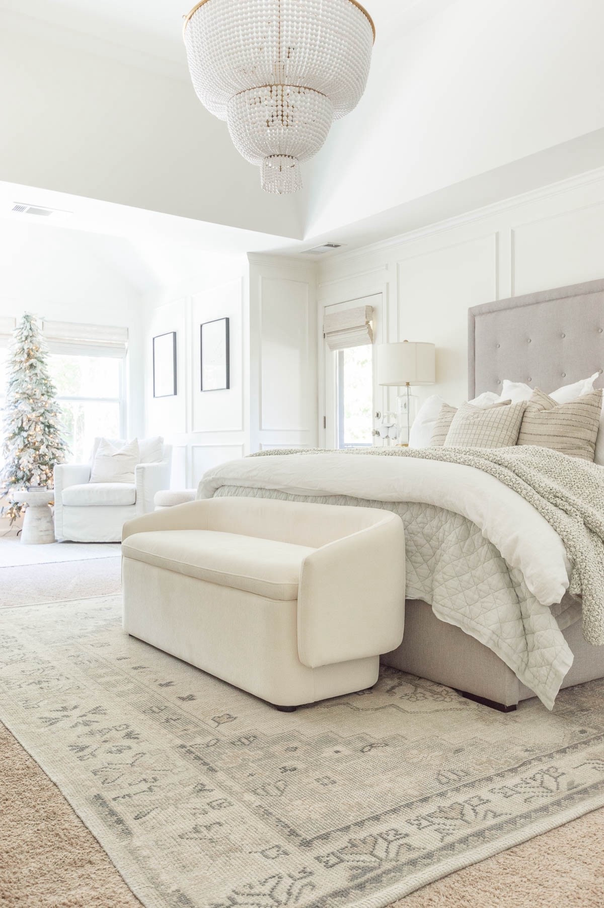 I love having a Christmas tree in our bedroom during the season. This slim flocked tree is the perfect addition to my reading and listening nook. It’s so pretty that I leave the branches bare. home decor Christmas decor neutral bedroom area rug white bead chandelier glass lamp 

#LTKStyleTip 

#LTKHoliday #LTKHome