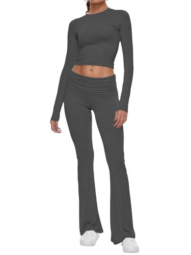 AnotherChill Women's 2 Piece Lounge Sets Fold-over Flare Pants Set Long Sleeve Cropped Top Casual Outfits Pajamas (Dark-Grey, X-Small Petite) | Amazon (US)