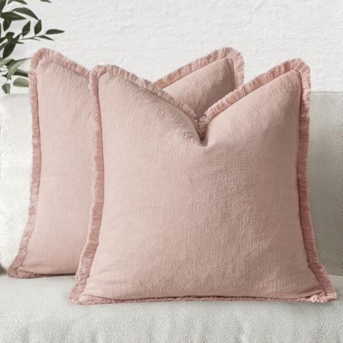 MIULEE Boho Linen Fringe Decorative Throw Pillow Covers Light Pink 18x18 | Amazon (US)