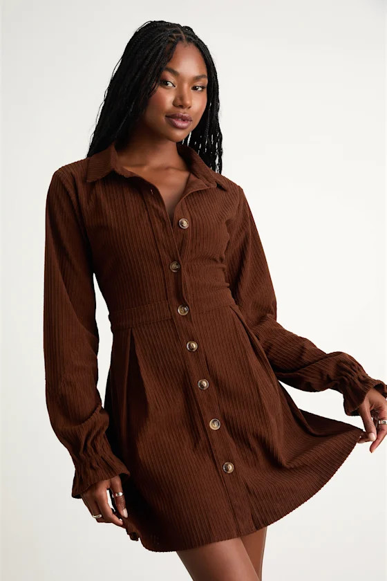Autumn Mood Dark Brown Corduroy Mini Dress With Pockets | Lulus