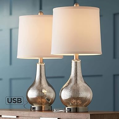 Ledger Modern Accent Table Lamps Set of 2 with USB Charging Port Mercury Glass Off White Drum Sha... | Amazon (US)