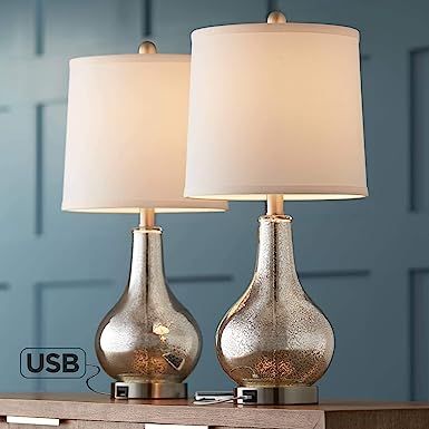 Ledger Modern Accent Table Lamps Set of 2 with USB Charging Port Mercury Glass Off White Drum Sha... | Amazon (US)