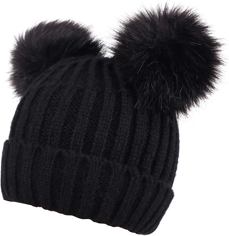 Womens Winter Cable Knit Faux Fur Pompom Ears Beanie | Amazon (US)