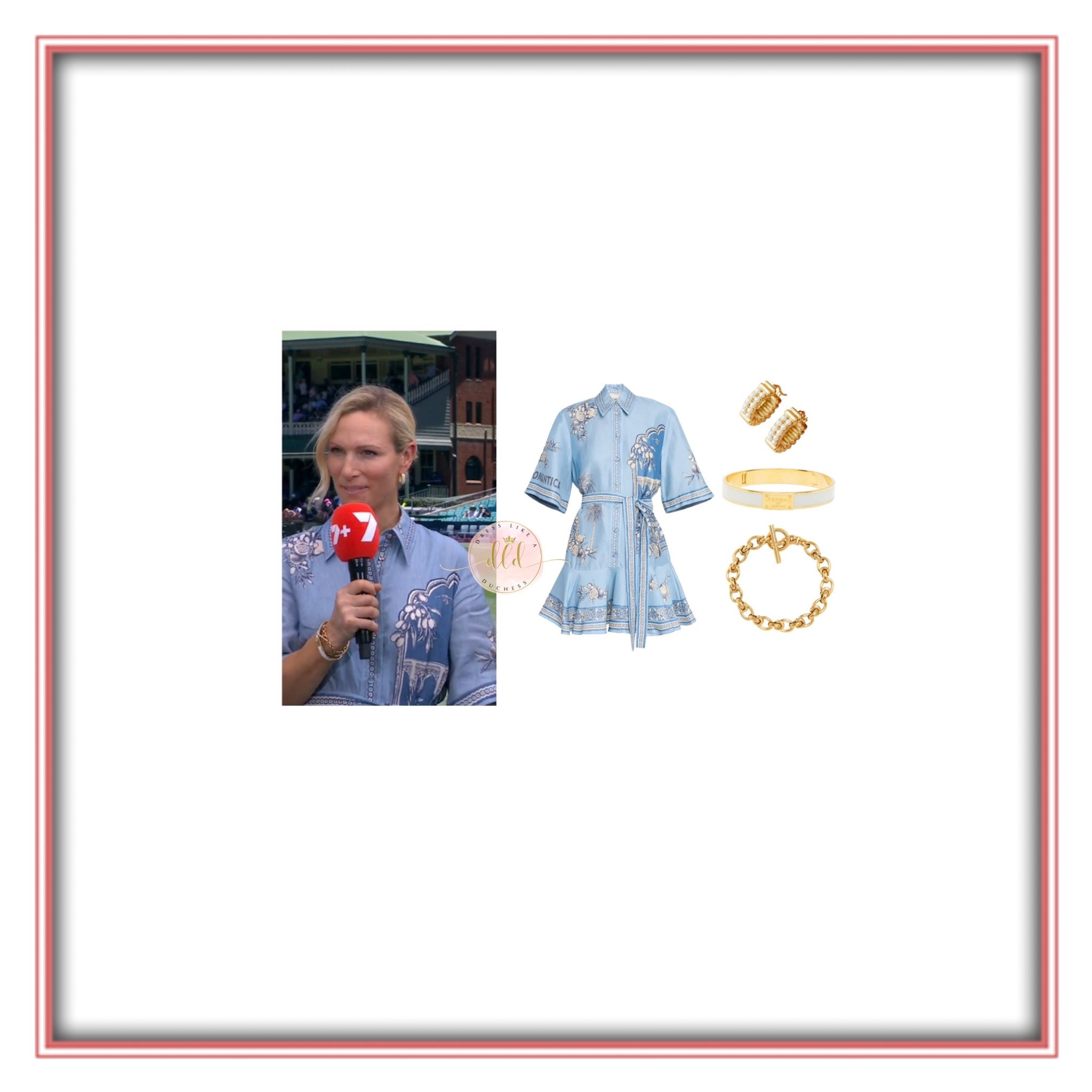 1/8/26 Zara Tindall in Queensland Australia 🇦🇺 for the 2026 Magic Millions wearing Alemais Villa Romantica dress + Shrimps Jonquil earrings + Tilly Sveaas Gold Interlock bracelet + Aspinal London bangle 