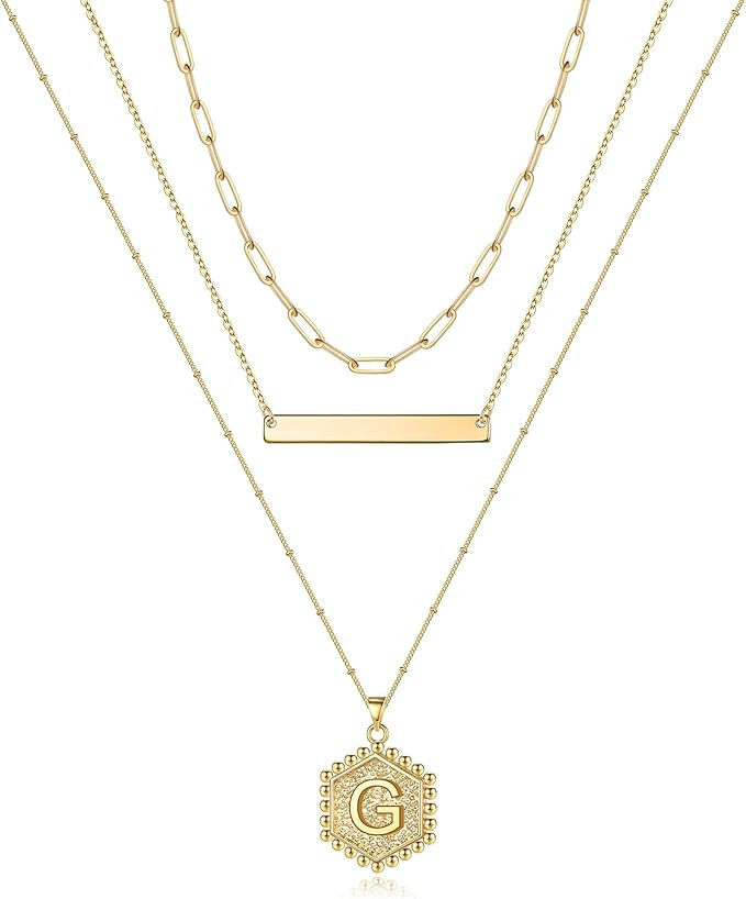 Gold Layered Initial Necklaces for Women, 14K Gold Plated Bar Necklace Handmade Layering Hexagon ... | Amazon (US)