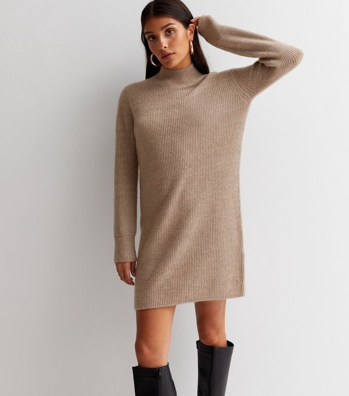 Mink Ribbed Knit High Neck Long Sleeve Mini Bodycon Dress
						
						Add to Saved Items
						R... | New Look (UK)