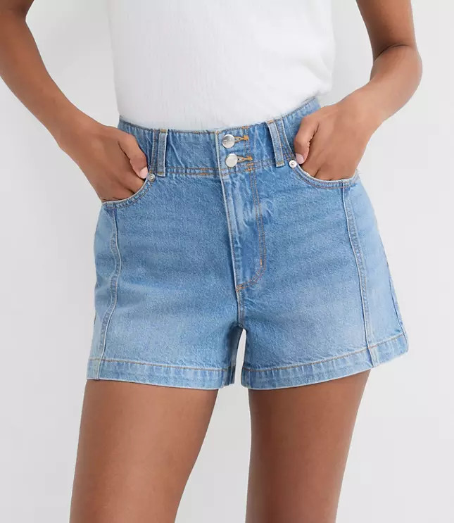 Rivete Tall Curvy Seamed High Rise Denim Shorts in Mid Wash | LOFT