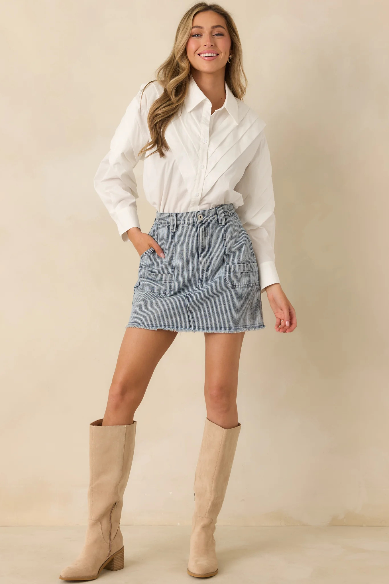 From Every Angle White Cotton Pleated Shoulder Button-Up Blouse | Red Dress