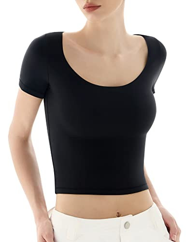 PUMIEY Women's Scoop Neck Short Sleeve T Shirt Slim Fit Sexy Tops Smoke Cloud Collection | Amazon (US)