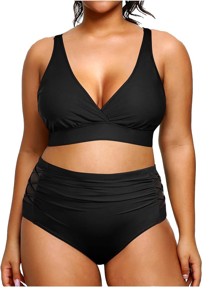 Yonique Womens Plus Size Bikini High Waisted Swimsuits Two Piece Bathing Suits Tummy Control Swimwea | Amazon (US)
