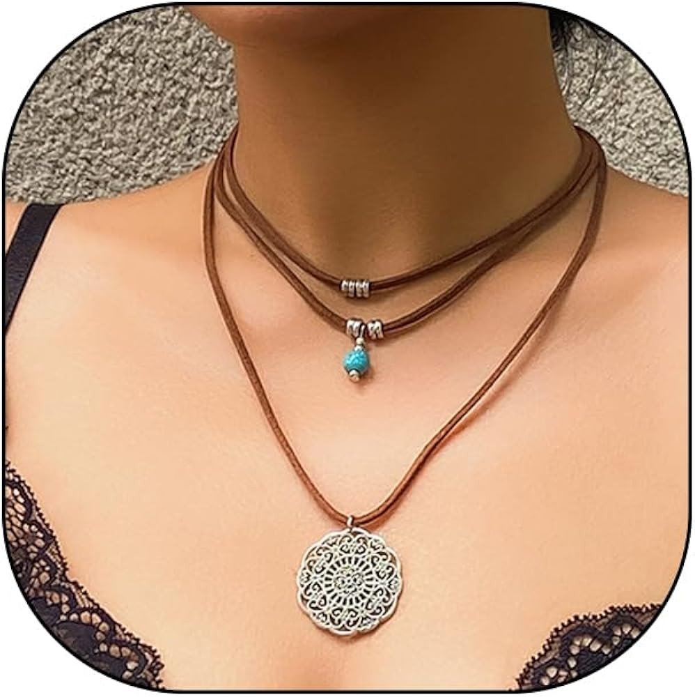 GIGB PBDK Western Layered Turquoise Leather Necklace for Women Boho Multilevel Brown Suede Disc P... | Amazon (US)