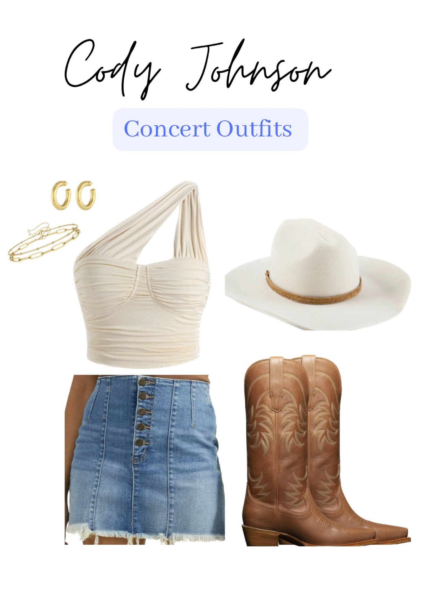 Top is Cider Solid Ruched One Shoulder Top

Skirt is Alter’d State frayed denim skirt 

Bracelets are Amazon Dainty Gold Bracelets for Women, 14K Gold Filled Adjustable Layered Bracelet

Country concert outfit inspo 
Cody Johnson 
Morgan wallen 
Tecovas 
Coastal cowgirl
Western core

#LTKFind #LTKSeasonal #LTKFestival