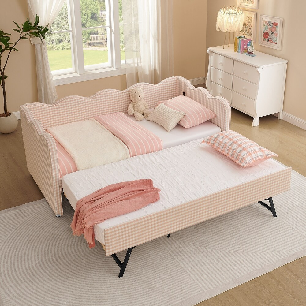 Gingham Daybed Linen Fabric Sofa Bed with Ejection Pull-out Trundle Bed and USB Port Wave Shaped ... | Bed Bath & Beyond