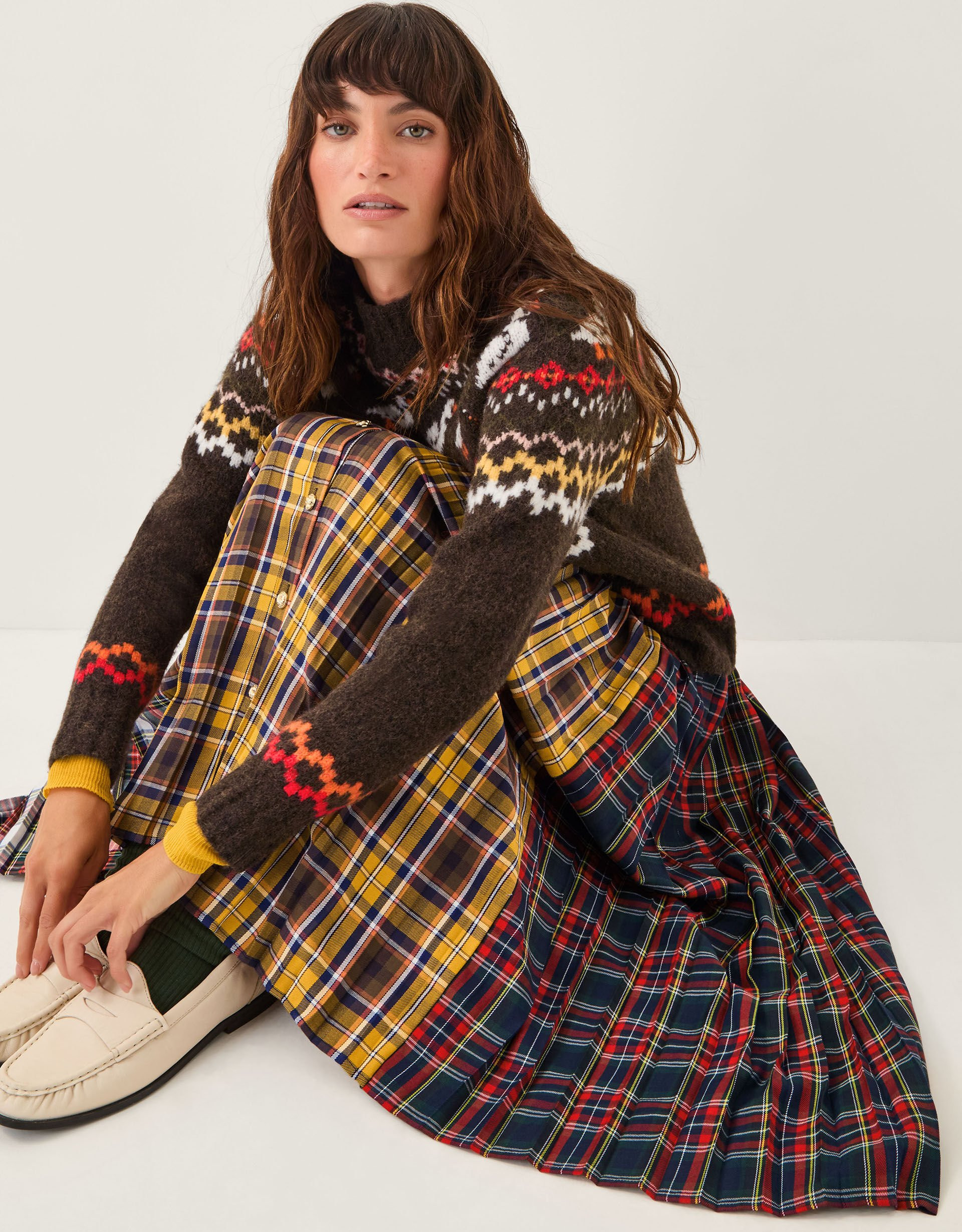 Monsoon x Sarah Corbett-Winder Tartan Pleated Midi Skirt Yellow | Monsoon (UK)