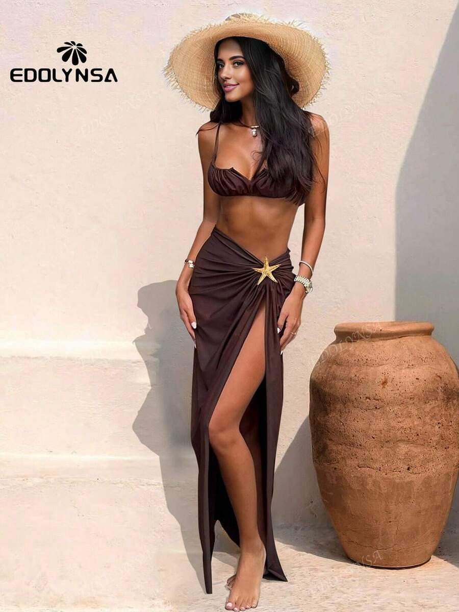 Starfish 3 Pieces Bikini Set Cute Ruffled Swimsuit High Cut Beach Dress 2025 New Bathing Suit Cov... | SHEIN