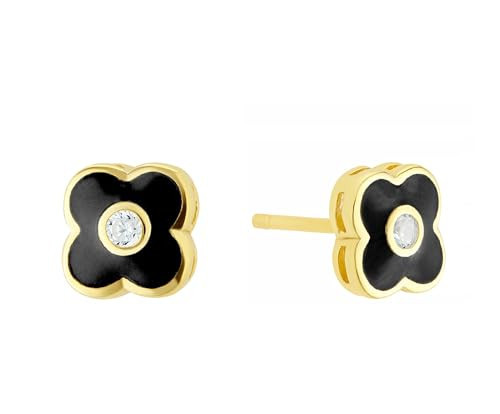 Amazon Essentials 14K Gold Over Silver Cubic Zirconia and Black Enamel Mini Clover Stud Earrings | Amazon (US)
