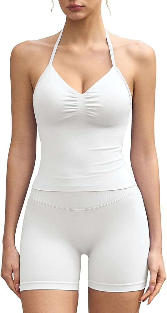 QINSEN Workout Sets for Women 2 Piece Ribbed Padded Halter Tank Top High Waist Tummy Control Boot... | Amazon (US)