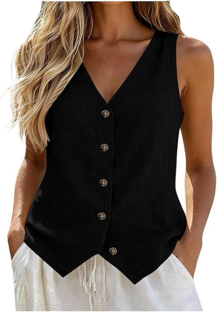 Womens Button Down Vest Cotton Linen Sleeveless Shirts Tank Tops Business Casual Tank Vests Top S... | Amazon (US)