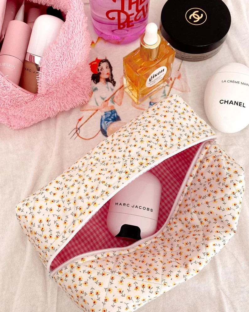 Makeup Bag Quilted Cosmetics Bag Minimalist Floral Yellow Toiletry Travel Bag Machine Washable - ... | Etsy (US)