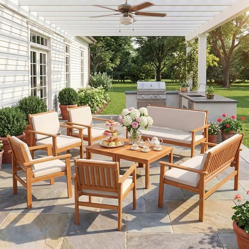 Devoko Patio Furniture Set 8 Pieces Acacia Wood Outdoor Furniture, Patio Set with Table & Cushions for Garden, Deck, Backyard, Natural | Amazon (US)