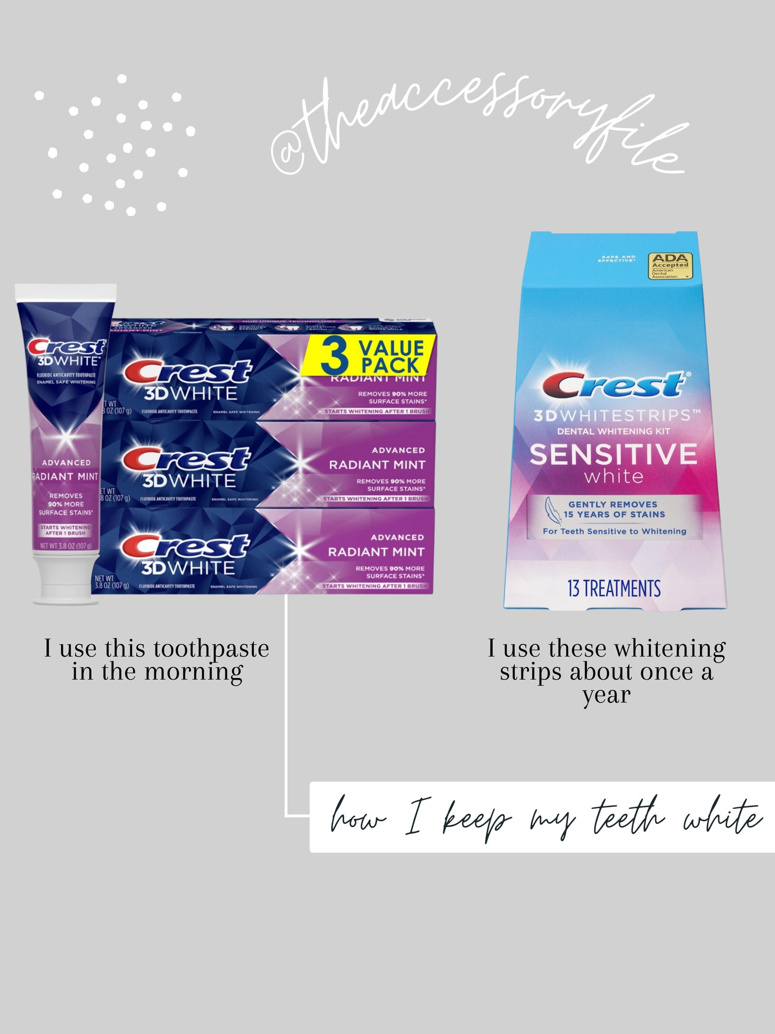 How I keep my teeth white.

White strips, teeth whitener. #blushpink #winterlooks #winteroutfits 
#winterfashion #wintertrends #shacket #jacket #sale #under50 #under100 #under40 #workwear #ootd #bohochic #bohodecor #bohofashion #bohemian #contemporarystyle #modern #bohohome #modernhome #homedecor #amazonfinds #nordstrom #bestofbeauty #beautymusthaves #beautyfavorites #goldjewelry #stackingrings #toryburch #comfystyle #easyfashion #vacationstyle #goldrings #goldnecklaces #fallinspo #lipliner #lipplumper #lipstick #lipgloss #makeup #blazers #primeday #StyleYouCanTrust #giftguide #LTKRefresh #LTKSale #springoutfits #fallfavorites #LTKbacktoschool #fallfashion #vacationdresses #resortfashion #summerfashion #summerstyle #rustichomedecor #liketkit #highheels #Itkhome #Itkgifts #Itkgiftguides #springtops #summertops #Itksalealert #LTKRefresh #fedorahats #bodycondresses #sweaterdresses #bodysuits #miniskirts #midiskirts #longskirts #minidresses #mididresses #shortskirts #shortdresses #maxiskirts #maxidresses #watches #backpacks #camis #croppedcamis #croppedtops #highwaistedshorts #goldjewelry #stackingrings #toryburch #comfystyle #easyfashion #vacationstyle #goldrings #goldnecklaces #fallinspo #lipliner #lipplumper #lipstick #lipgloss #makeup #blazers #highwaistedskirts #momjeans #momshorts #capris #overalls #overallshorts #distressedshorts #distressedjeans #newyearseveoutfits #whiteshorts #contemporary #leggings #blackleggings #bralettes #lacebralettes #clutches #crossbodybags #competition #beachbag #halloweendecor #totebag #luggage #carryon #blazers #airpodcase #iphonecase #hairaccessories #fragrance #candles #perfume #jewelry #earrings #studearrings #hoopearrings #simplestyle #aestheticstyle #designerdupes #luxurystyle #bohofall #strawbags #strawhats #kitchenfinds #amazonfavorites #bohodecor #aesthetics #spanx #spanxleggings #spanxfauxleatherleggings 

#LTKbeauty #LTKunder50