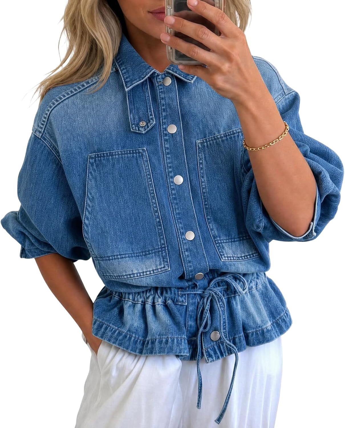 Cicy Bell Women Drawstring Jean Jacket Button Down Collared Denim Shacket | Amazon (US)