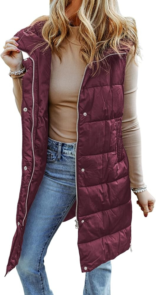 EVALESS Womens Long Puffer Vest Quilted Hooded Sleeveless Zip Up Down Jacket Winter Warm Lightwei... | Amazon (US)