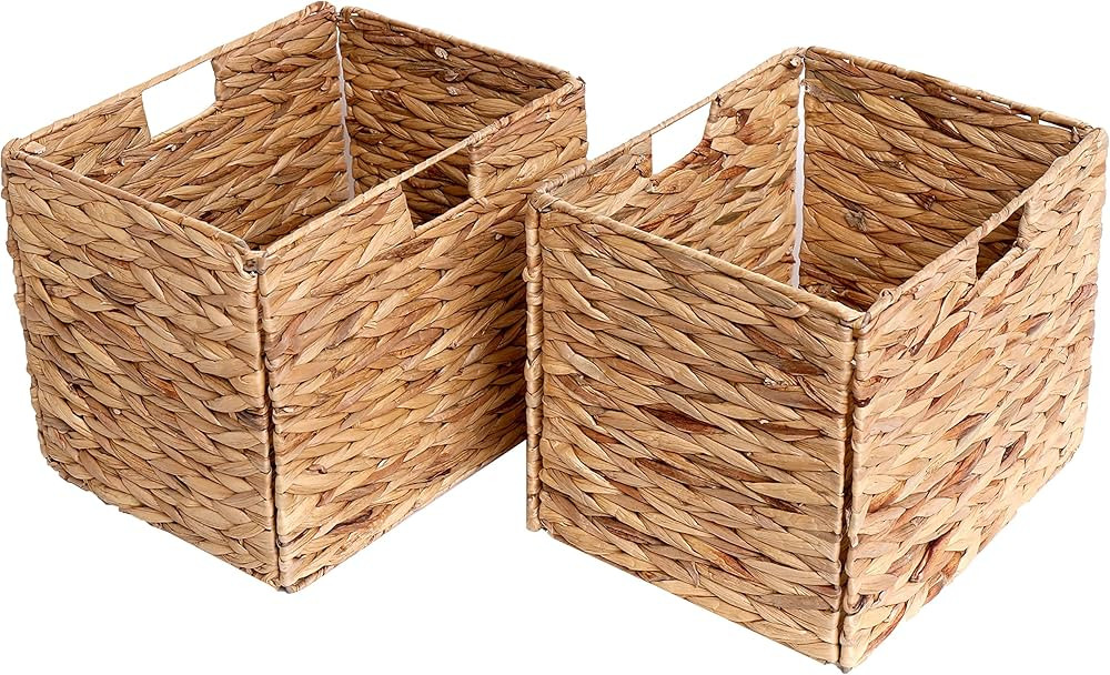 Storage Baskets，Hyacinth Basket For Shelf,Wicker Baskets 13.6x11x11 Inches,Folding 2 Packs Hand... | Amazon (US)