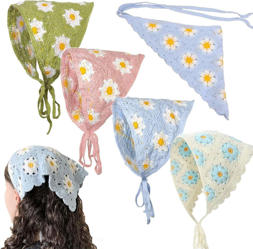 Crochet Bandanas Headbands Cute Flowers Hairbands Pink Knitted Headscarf Green Daisy Head Scarf F... | Amazon (US)
